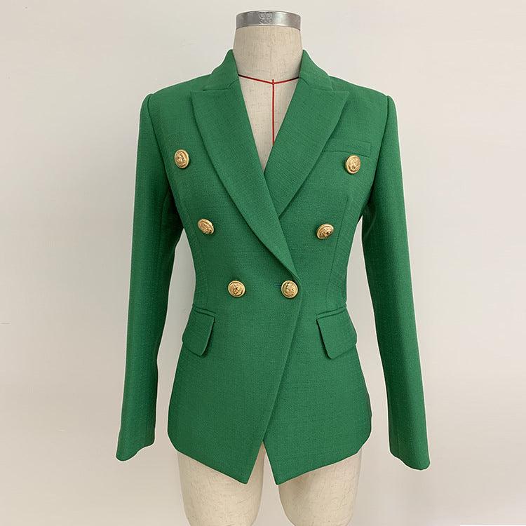 Green double-breasted slim blazer with notched lapels and gold lion-head buttons