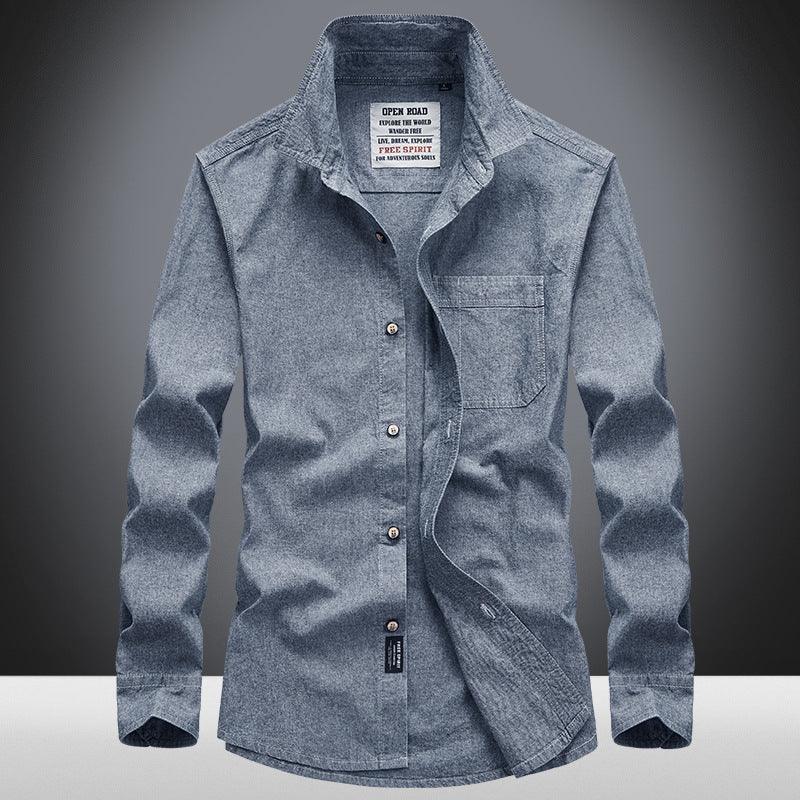 Men's casual long-sleeve shirt, light blue chambray, button-up front, chest pocket