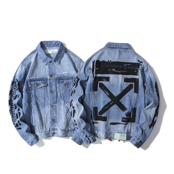 Basic Arrow Letter Graffiti Denim Jacket - WOMONA.COM