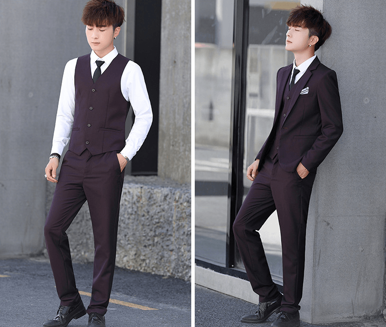Men's wine 3-piece suit with vest, white shirt, black tie and matching trousers