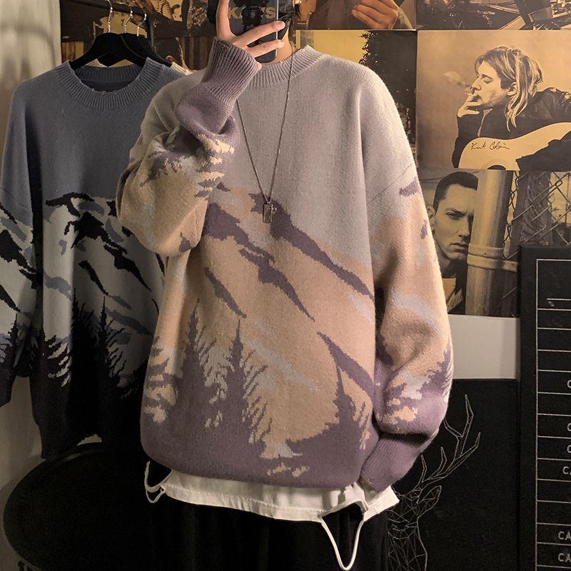Lavender round-neck pullover sweater with mountain-and-tree scene graphic, long sleeves