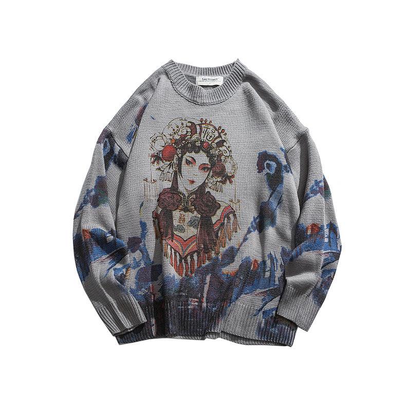 Gray knitted sweater with long sleeves and front portrait graphic with blue accents