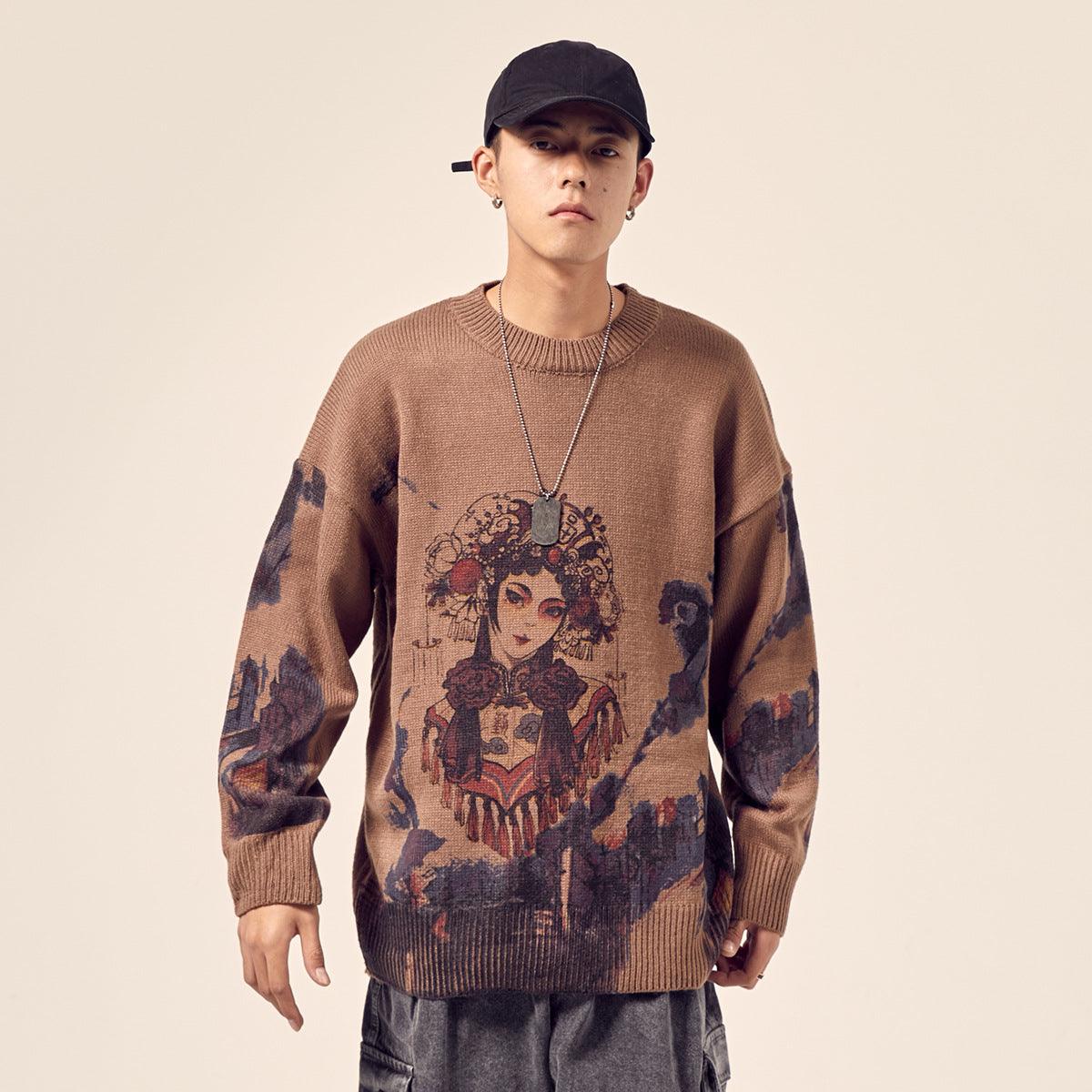 Brown knitted sweater with long sleeves and front portrait graphic with blue side print