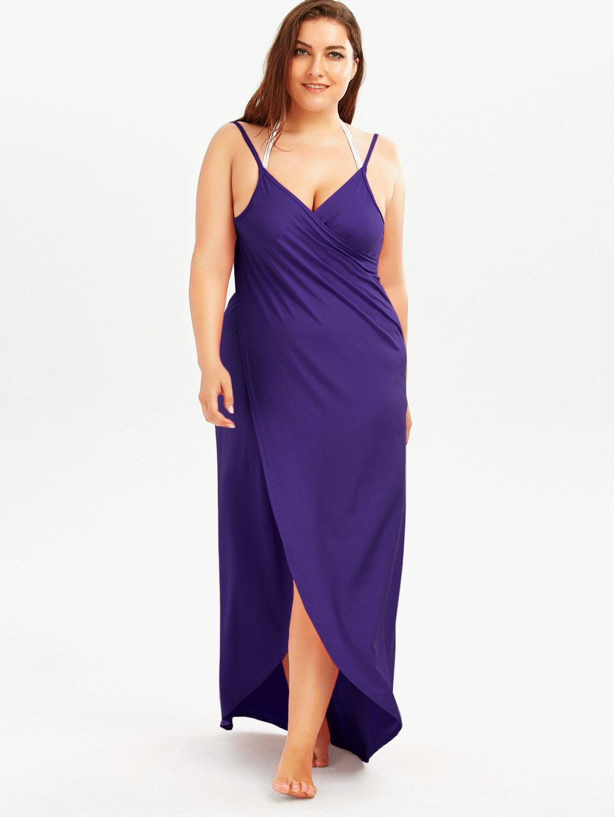 Purple spaghetti-strap V-neck maxi dress with draped crossover front and side slit