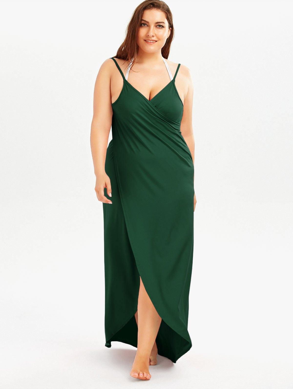 Green maxi beach dress with spaghetti straps, V-neck wrap bodice, side slit hem.