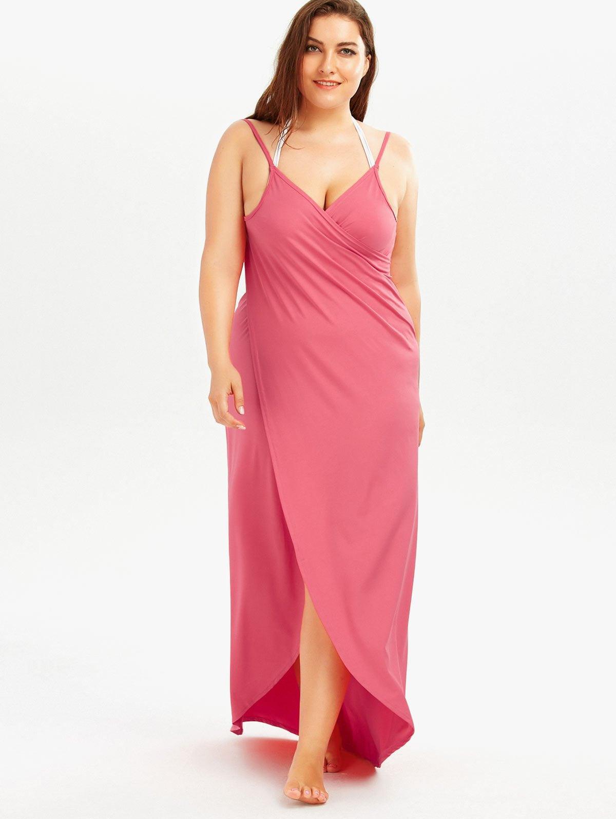 Pink maxi beach dress with spaghetti straps, V-neck wrap bodice, draped side slit.