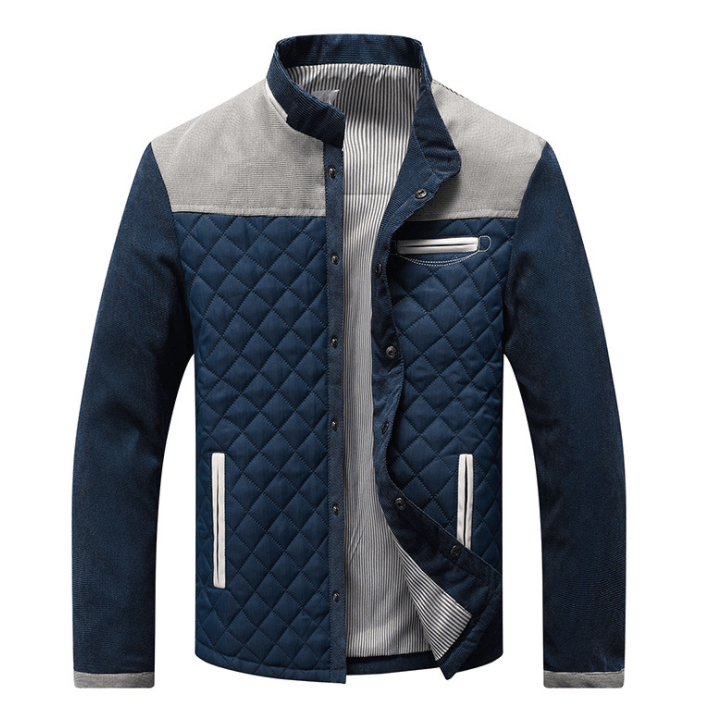 Men's color-block casual jacket with button front, quilted torso, and striped inner layer