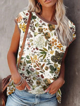 Ladies Plus Size Burnt Floral Hollow V T-Shirt - WOMONA.COM