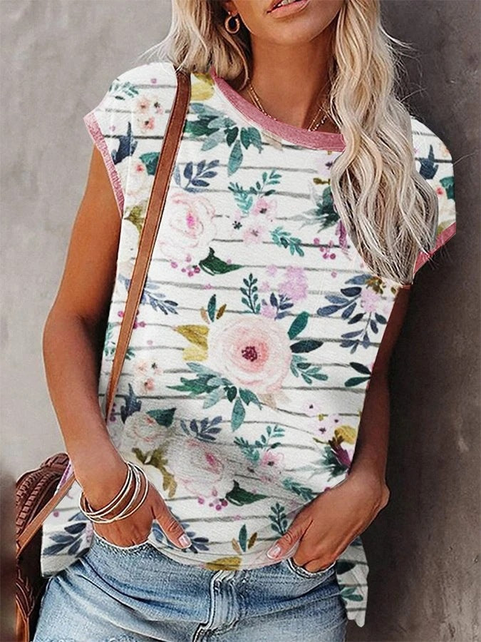 Ladies Plus Size Burnt Floral Hollow V T-Shirt - WOMONA.COM