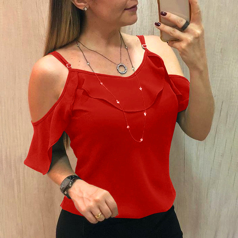 Sling Ruffles Short Sleeve Blouse Women - WOMONA.COM