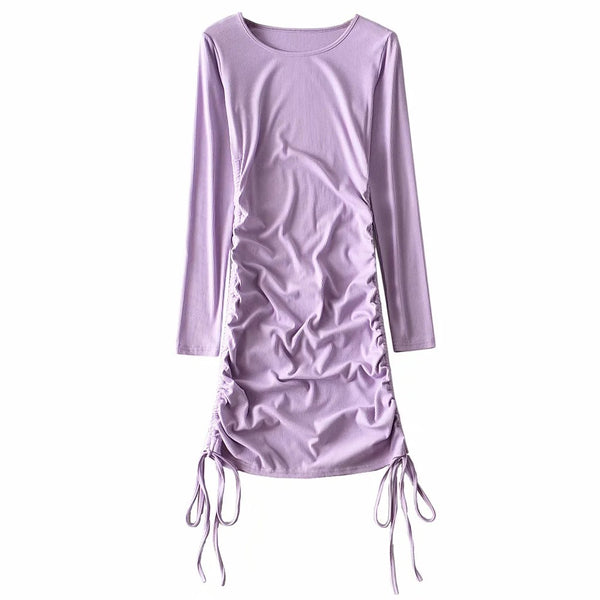 Long Sleeve Drawstring Dress - WOMONA.COM
