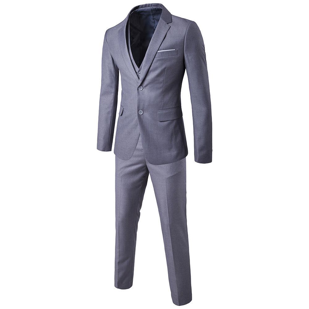 Men's three-piece business suit set in light grey with blazer, vest, and trousers.