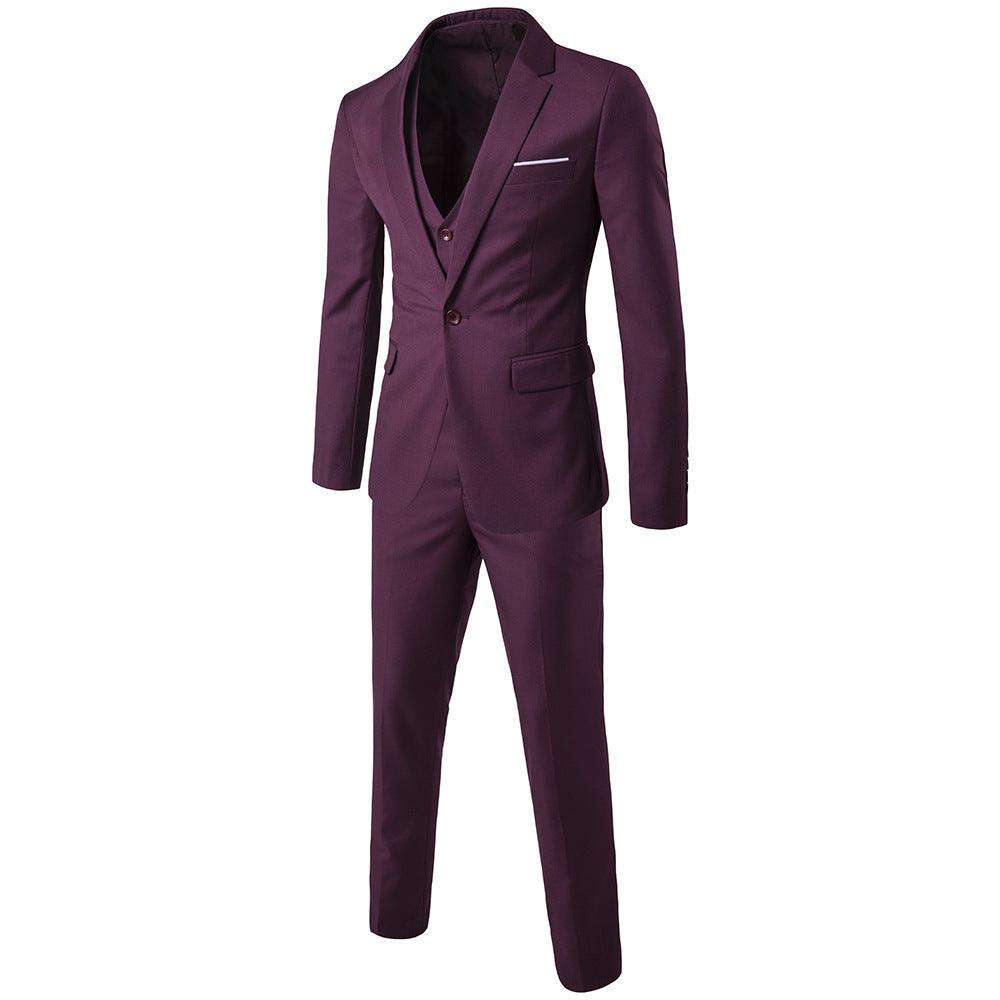 Men's three-piece business suit set in dark purple with blazer, vest, and trousers.