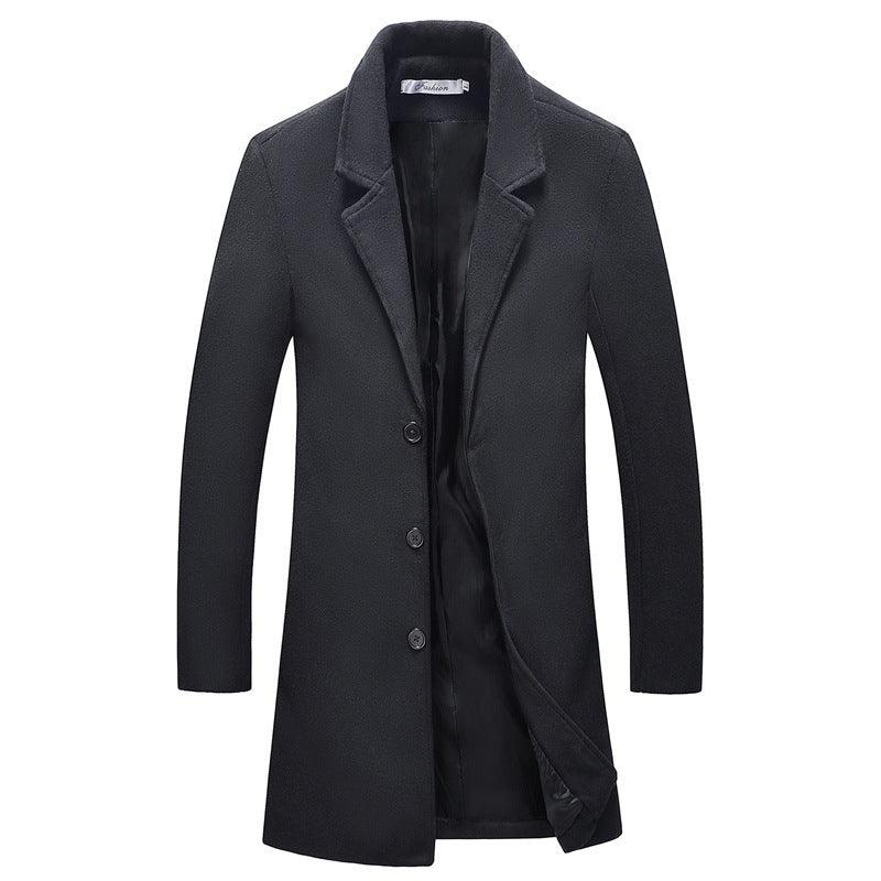 Woolen lapel trench coat in black with notched lapels and button-front design
