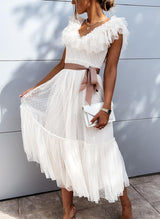 Solid Color V-neck Pleated  Dress - WOMONA.COM