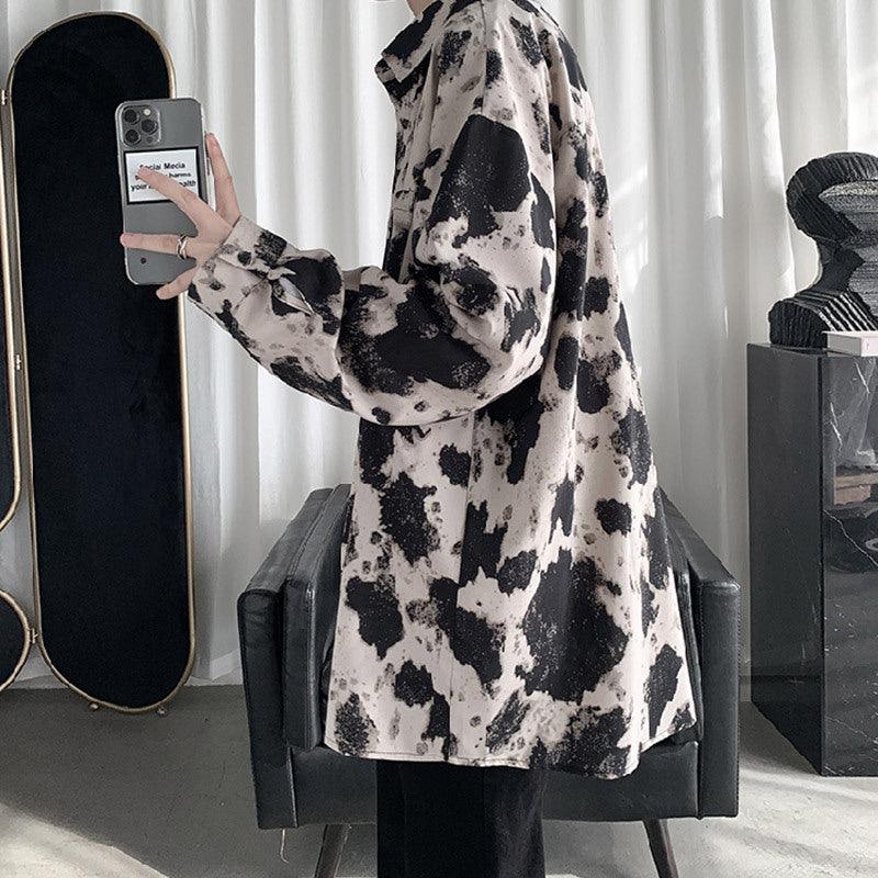 Men's cow-print oversized button-up shirt, black-and-white blotchy pattern