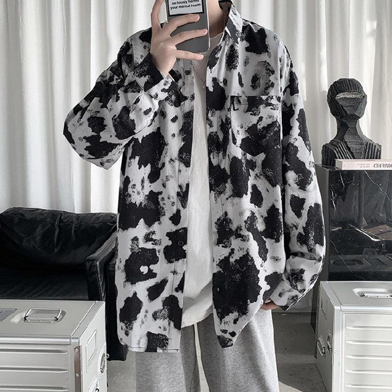 Men's cow-print button-up shirt with long sleeves, black and white speckled pattern