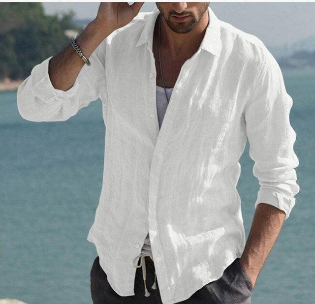 Men's white button-up long-sleeve shirt with collared neckline, front placket