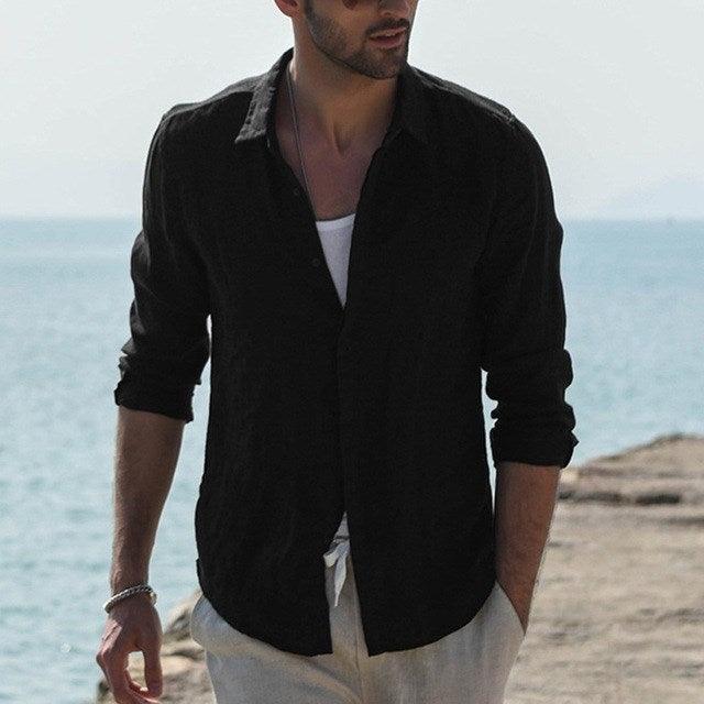 Men's black long-sleeve button-up shirt with collared neckline and front placket