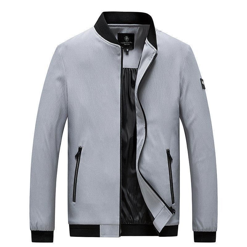 Grey youth denim jacket with black zip front, stand collar, side zip pockets, cuffs