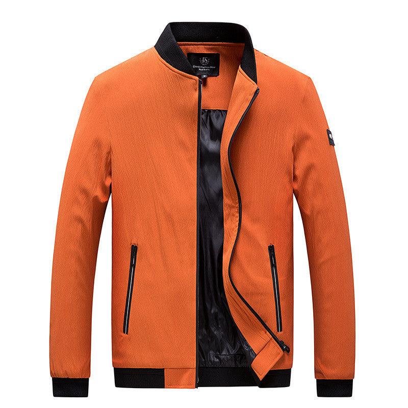 Orange youth denim jacket with black zip front, stand collar, side zip pockets, ribbed cuffs
