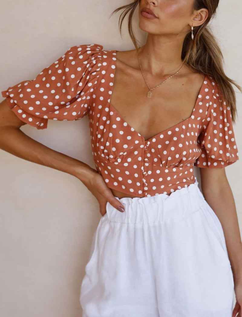 V-Neck Short-Sleeved Thin Polka - WOMONA.COM