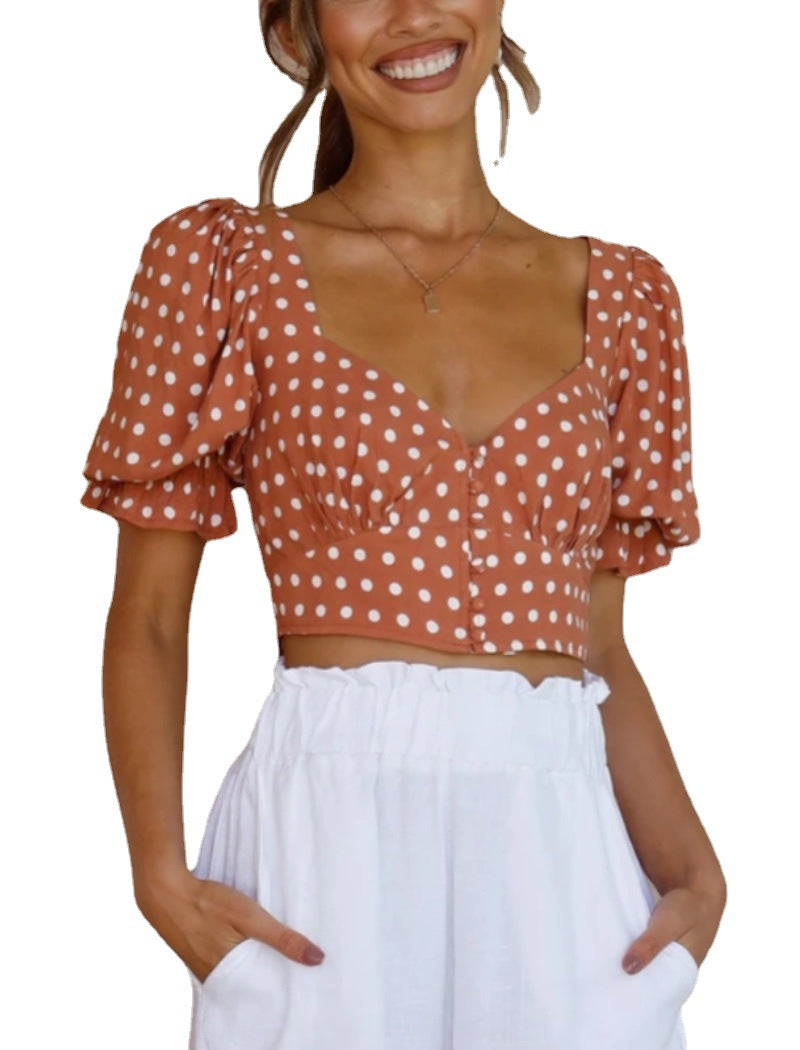 V-Neck Short-Sleeved Thin Polka - WOMONA.COM