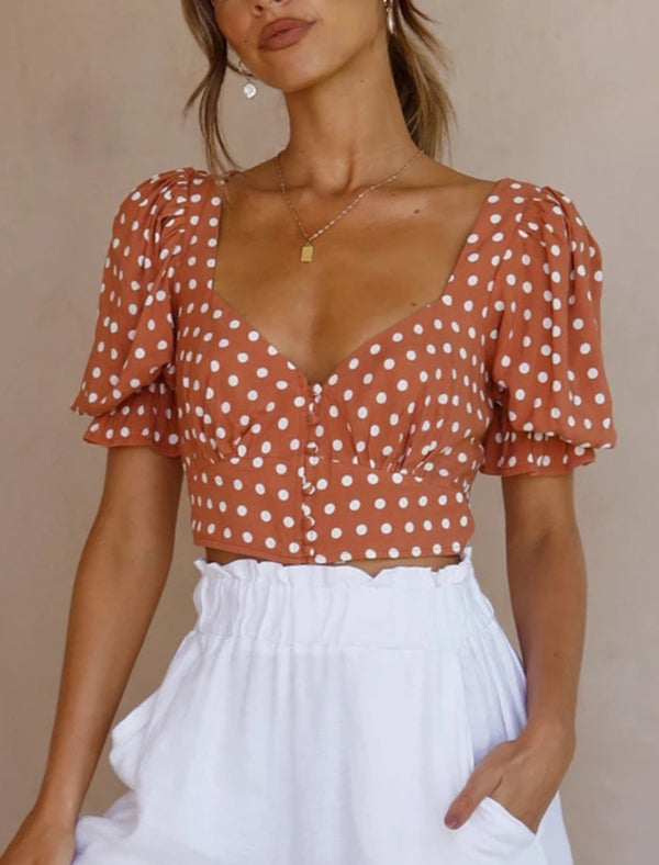 V-Neck Short-Sleeved Thin Polka - WOMONA.COM