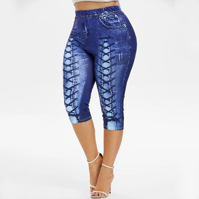 Digital Printing Denim Sports Pocket Leggings - WOMONA.COM