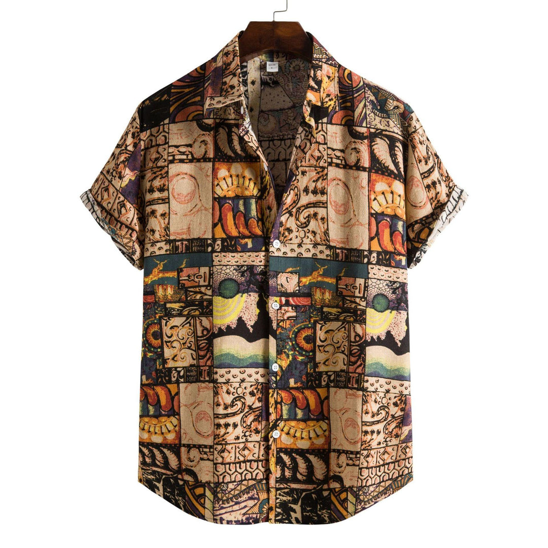 Men's short-sleeve shirt with colorful patchwork print, button-front and turn-down collar