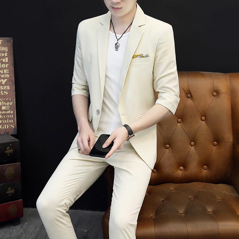 Men's cream three-quarter sleeve blazer and matching trousers