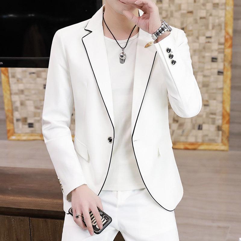 Men's slim suit set, white blazer with black piping and matching trousers