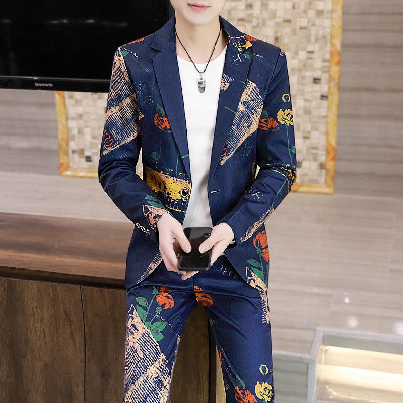 Men's slim suit set, navy blazer with multicolor graphic print and matching pants