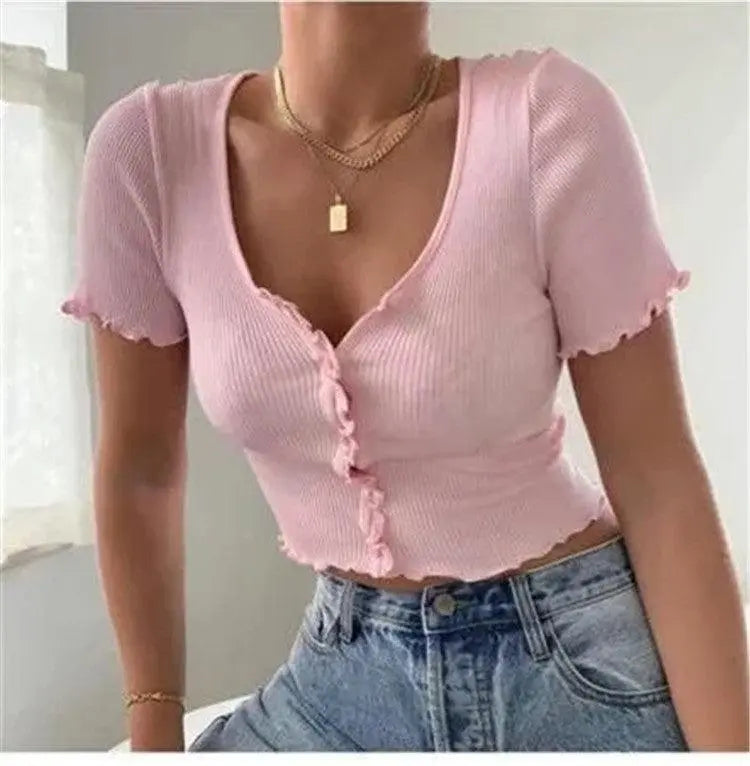 Ruffles Short Sleeve T Shirt - WOMONA.COM