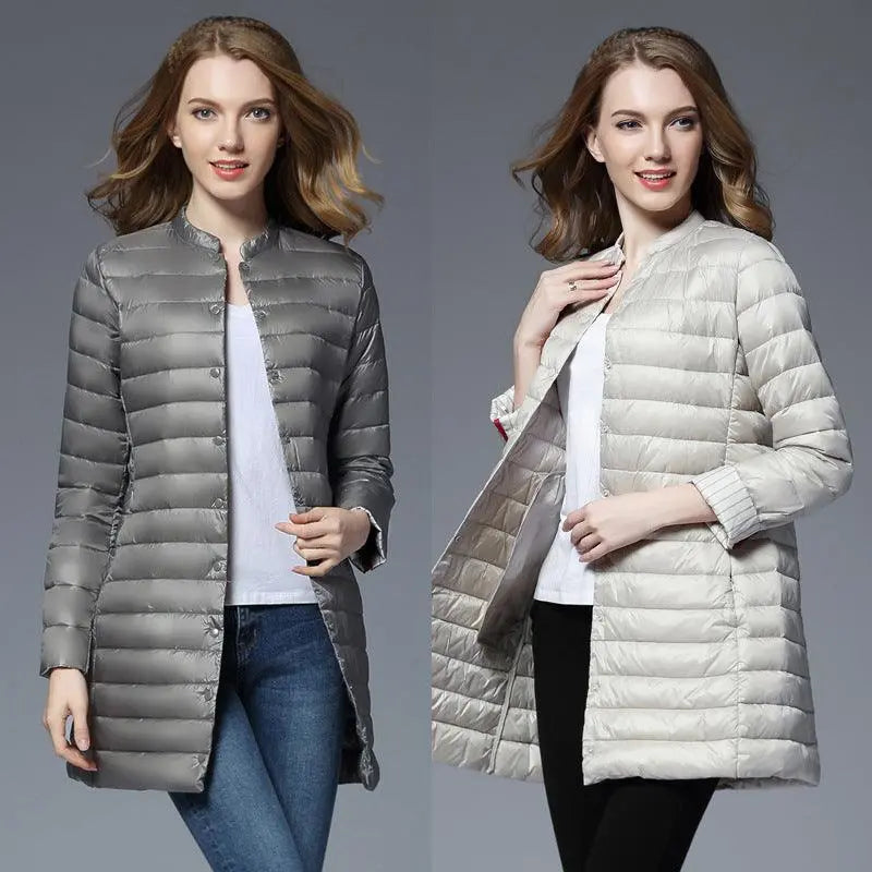 Women's long puffer down jacket, dark gray, zip front, stand collar, side pockets.