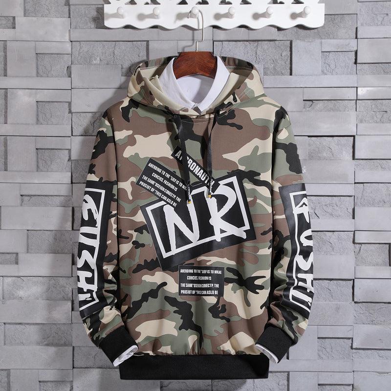 Brown camouflage long-sleeve hoodie sweater with black hood and front logo graphic