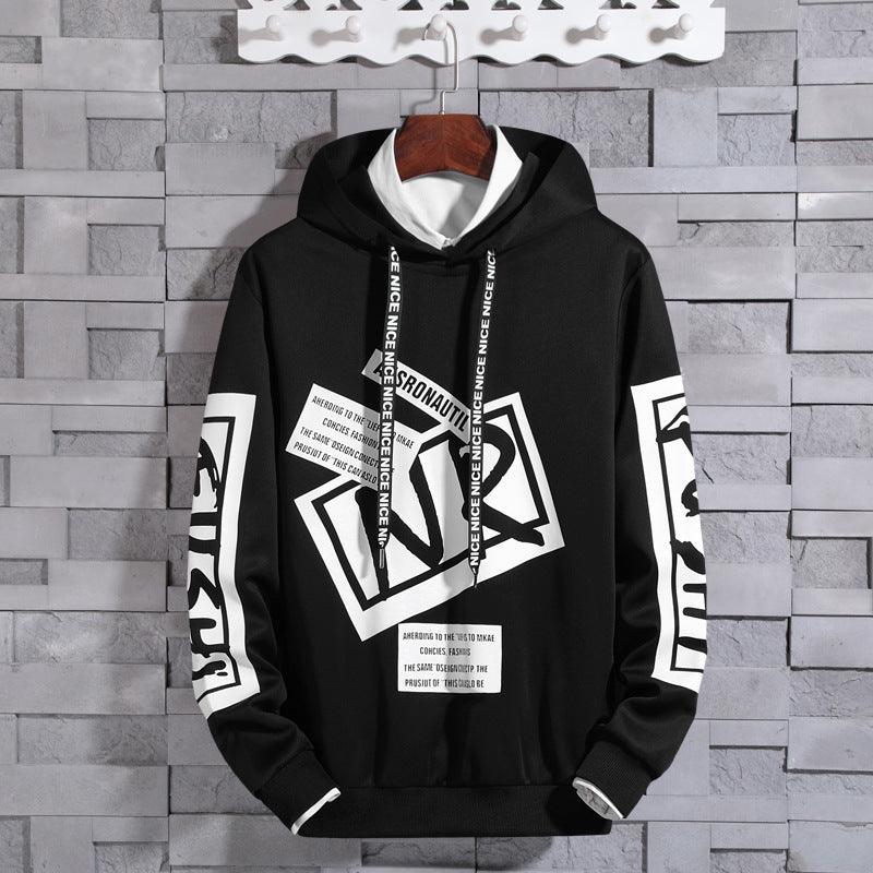 Black long-sleeve hoodie sweater with black hood and white graphic front print