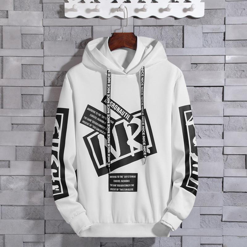 White camouflage long-sleeve hoodie sweater with black hood and bold front graphic