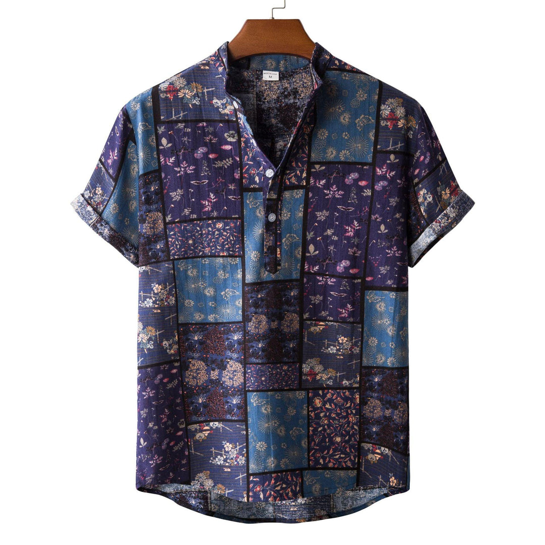 Men's linen short-sleeve floral patch shirt in navy with multicolor square panels
