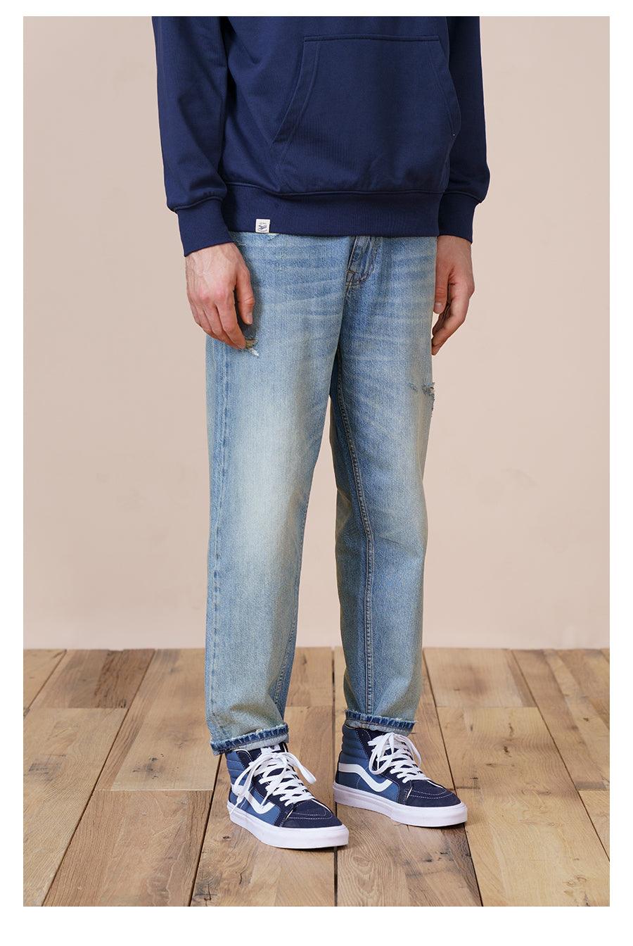 Washed Micro-elastic Frayed Cropped Jeans Men - WOMONA.COM