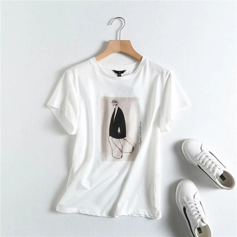 Outline Pattern Printed T-shirt - WOMONA.COM