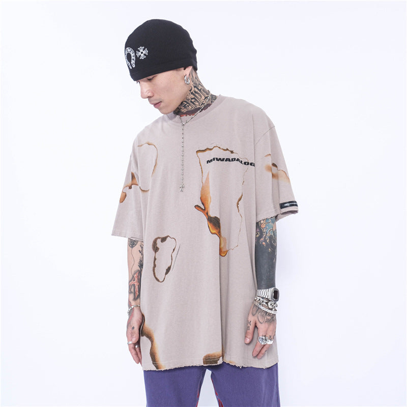 Burning Flame Print Short Sleeve T-shirt Men - WOMONA.COM