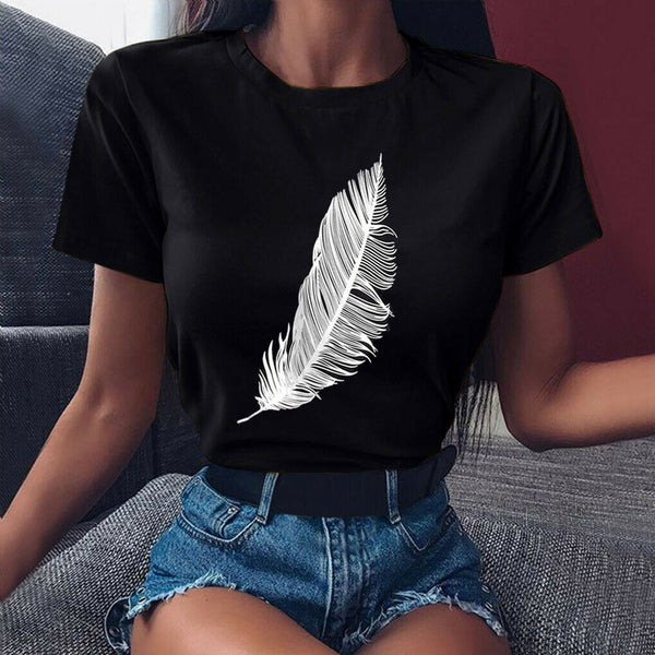 Short Sleeve Feather WISH Cartoon - WOMONA.COM