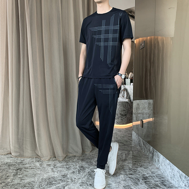 Ice silk short-sleeved t-shirt suit men - WOMONA.COM