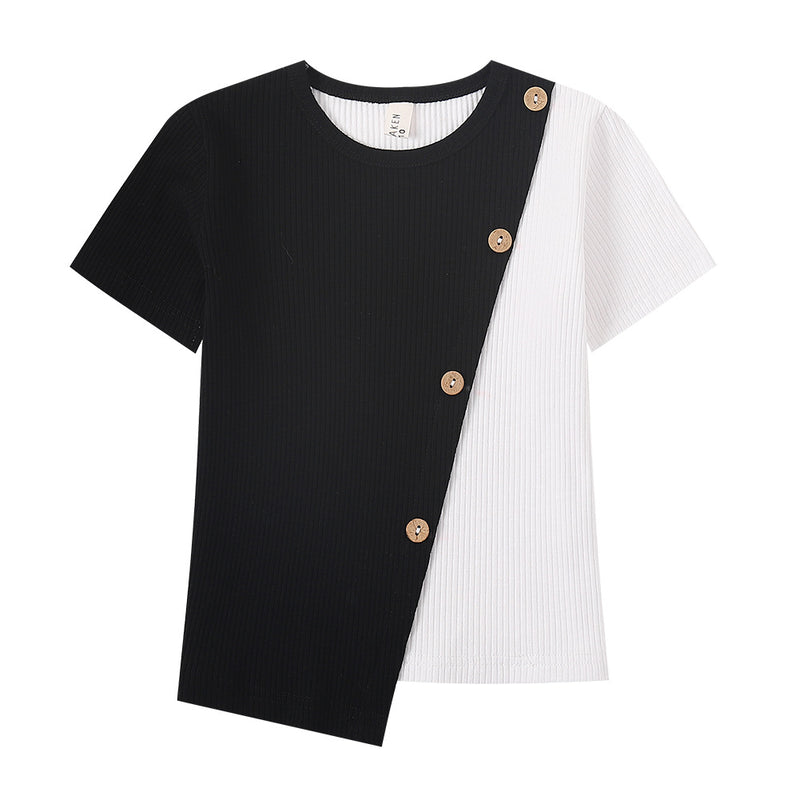 Irregular Contrast Short-Sleeved T-Shirt - WOMONA.COM