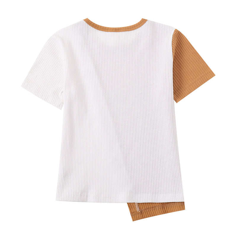 Irregular Contrast Short-Sleeved T-Shirt - WOMONA.COM