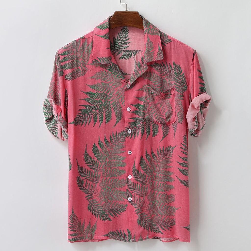 Men's Hawaiian shirt, pink with dark green leaf print, short-sleeve button-up