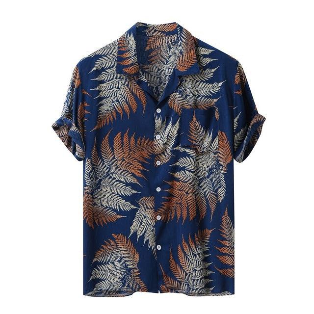 Men's Hawaiian shirt, navy blue with tan and cream leaf print, short-sleeve button-up