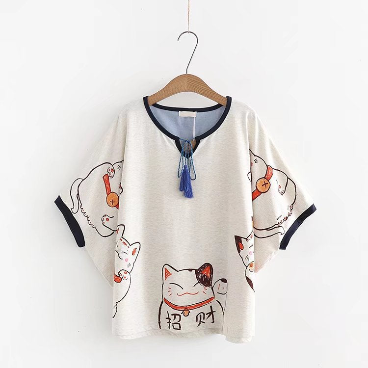 Cat Print Japan Style Harajuku T Shirts - WOMONA.COM