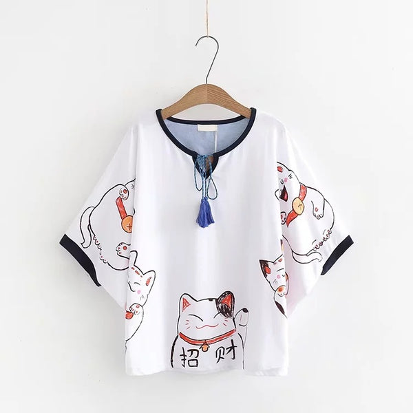 Cat Print Japan Style Harajuku T Shirts - WOMONA.COM